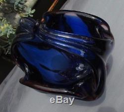 Stunning Heavy Vintage Murano Art Glass Basket Vase Cobalt Blue & Pink