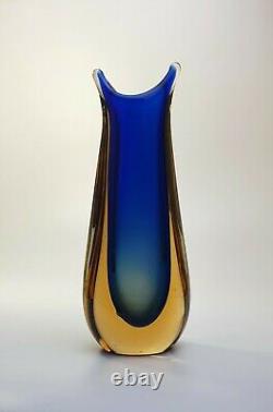 Stunning Vintage 60s Italian Murano Art Glass Fishtail Vase Rich Blue Sommerso