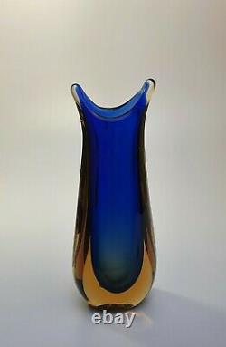 Stunning Vintage 60s Italian Murano Art Glass Fishtail Vase Rich Blue Sommerso
