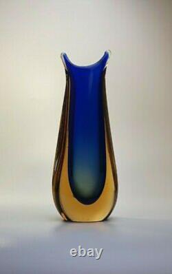 Stunning Vintage 60s Italian Murano Art Glass Fishtail Vase Rich Blue Sommerso