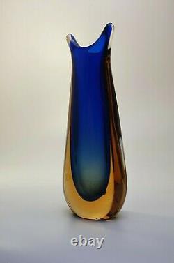 Stunning Vintage 60s Italian Murano Art Glass Fishtail Vase Rich Blue Sommerso