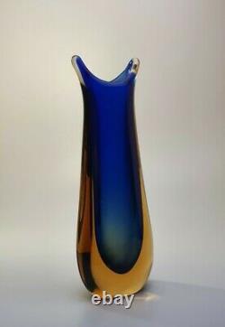 Stunning Vintage 60s Italian Murano Art Glass Fishtail Vase Rich Blue Sommerso