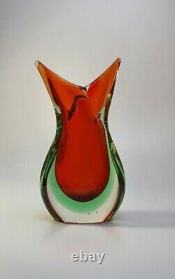 Stunning Vintage 60s Italian Murano Art Glass Fishtail Vase Rich Red Sommerso
