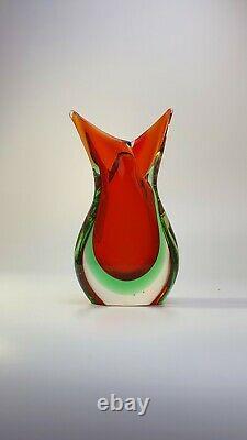 Stunning Vintage 60s Italian Murano Art Glass Fishtail Vase Rich Red Sommerso