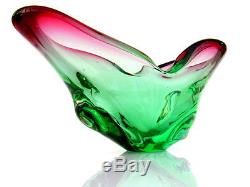 Stunning Vintage Murano Art Glass free Formed Bowl Electric Green Pink Cranberry