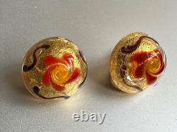 Stunning Vintage Murano Glass Clip-on Earrings Red flower on gold Foil 2cm