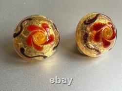 Stunning Vintage Murano Glass Clip-on Earrings Red flower on gold Foil 2cm
