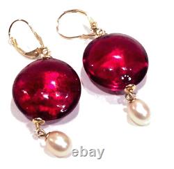 Stunning Vintage Murano Glass Earrings with Natural Pearls in 14K Gold