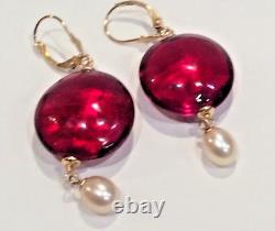 Stunning Vintage Murano Glass Earrings with Natural Pearls in 14K Gold