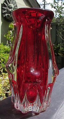 Stunning Vintage Murano Heavy Art Glass Vase Ruby Red
