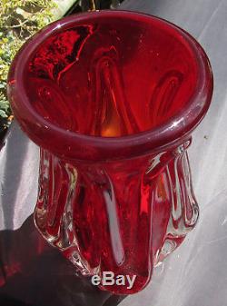 Stunning Vintage Murano Heavy Art Glass Vase Ruby Red