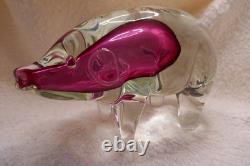 Stunning Vintage Murano Sommerso Large Pink and Clear Glass Pig Figurine