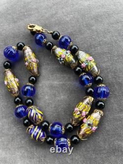 Stunning Vintage Murano Wedding Cake Glass Necklace Cobalt Blue & Aventurine