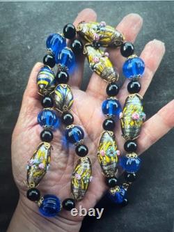 Stunning Vintage Murano Wedding Cake Glass Necklace Cobalt Blue & Aventurine