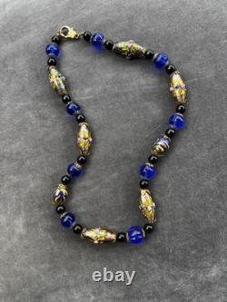 Stunning Vintage Murano Wedding Cake Glass Necklace Cobalt Blue & Aventurine