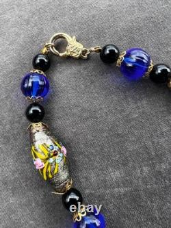 Stunning Vintage Murano Wedding Cake Glass Necklace Cobalt Blue & Aventurine