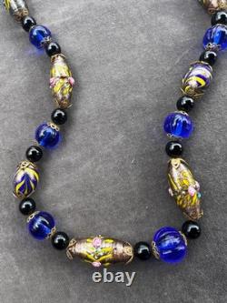 Stunning Vintage Murano Wedding Cake Glass Necklace Cobalt Blue & Aventurine