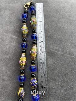 Stunning Vintage Murano Wedding Cake Glass Necklace Cobalt Blue & Aventurine