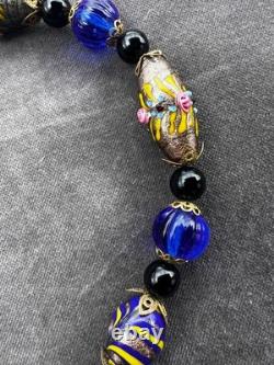 Stunning Vintage Murano Wedding Cake Glass Necklace Cobalt Blue & Aventurine