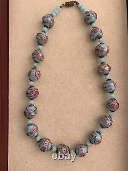 Stunning Vintage Murano glass Wedding Cake Venitian Bead Necklace -Sky Blue 44cm