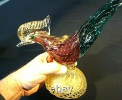 Stunning Vintage Ruby Glass Body, Bluegreen Tail With Gold Murano Glass Pheasant