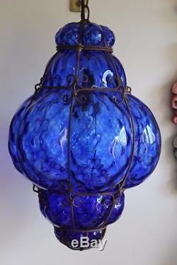 Superb Vintage Murano Venetian Cobalt Blue Glass Lantern Bohemian Ceiling Light