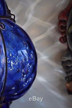 Superb Vintage Murano Venetian Cobalt Blue Glass Lantern Bohemian Ceiling Light