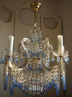 Superb vintage murano glass chandelier blue opaline drops