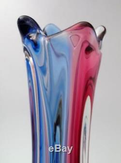 Tall Sleek Vintage Italian Murano Pink & Blue Cased Art Glass Vase MID Century