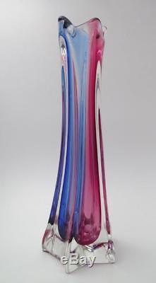 Tall Sleek Vintage Italian Murano Pink & Blue Cased Art Glass Vase MID Century