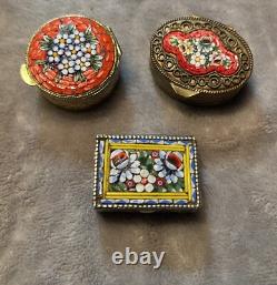 Trio of Vintage Italian Murano Collectible Art Glass Mosaic Pillboxes