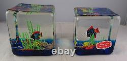 Two Vintage Murano Aquarium Art Glass Cubes Paperweights