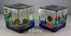 Two Vintage Murano Aquarium Art Glass Cubes Paperweights