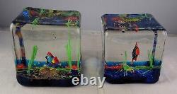 Two Vintage Murano Aquarium Art Glass Cubes Paperweights