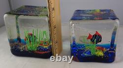 Two Vintage Murano Aquarium Art Glass Cubes Paperweights