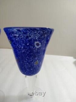 Two Vintage Murano Hand Blown Cobalt Blue Art Glass Goblet /Murrines From Italy