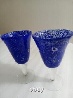 Two Vintage Murano Hand Blown Cobalt Blue Art Glass Goblet /Murrines From Italy