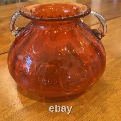 Unique Vintage Murano Italian Blown Glass Vase Bright Red Clear Floral Handles Unique Vintage Murano Italian Blown Glass Vase Bright Red Clear Floral Handles