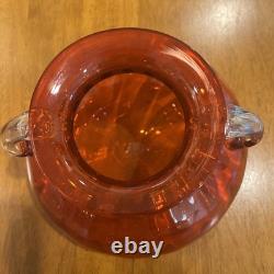 Unique Vintage Murano Italian Blown Glass Vase Bright Red Clear Floral Handles