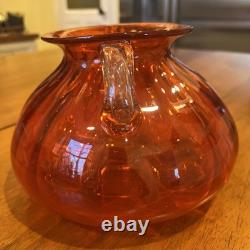 Unique Vintage Murano Italian Blown Glass Vase Bright Red Clear Floral Handles