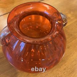 Unique Vintage Murano Italian Blown Glass Vase Bright Red Clear Floral Handles