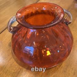 Unique Vintage Murano Italian Blown Glass Vase Bright Red Clear Floral Handles