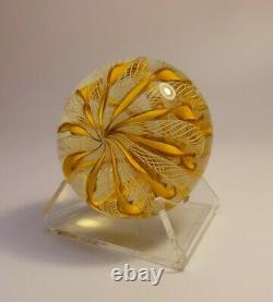 VINTAGE 1950's MURANO STICKER ART GLASS LATTICINO GOLD YELLOW RIBBON PAPERWEIGHT