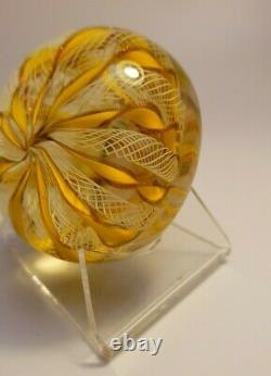 VINTAGE 1950's MURANO STICKER ART GLASS LATTICINO GOLD YELLOW RIBBON PAPERWEIGHT