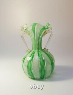 VINTAGE 1960's MURANO VENETIAN LATTICINO GREEN RIBBON VASE URN ITALIAN ART GLASS