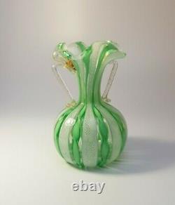 VINTAGE 1960's MURANO VENETIAN LATTICINO GREEN RIBBON VASE URN ITALIAN ART GLASS