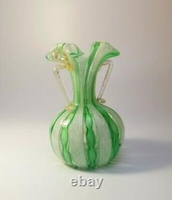 VINTAGE 1960's MURANO VENETIAN LATTICINO GREEN RIBBON VASE URN ITALIAN ART GLASS