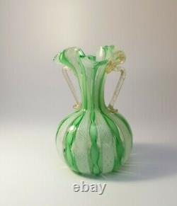 VINTAGE 1960's MURANO VENETIAN LATTICINO GREEN RIBBON VASE URN ITALIAN ART GLASS