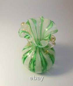 VINTAGE 1960's MURANO VENETIAN LATTICINO GREEN RIBBON VASE URN ITALIAN ART GLASS