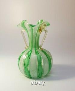 VINTAGE 1960's MURANO VENETIAN LATTICINO GREEN RIBBON VASE URN ITALIAN ART GLASS